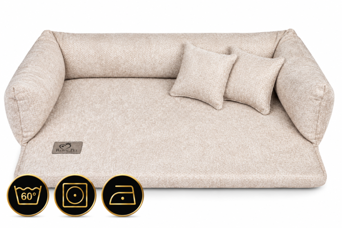 Beżowa sofa Miarcle  legowisko Royal Pet z ikonami pielęgnacji.png