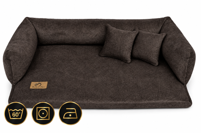 Brązowa sofa Miarcle legowisko Royal Pet z ikonami pielęgnacji.png