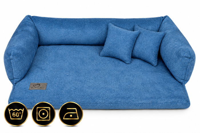Niebieska sofa Miarcle  legowisko Royal Pet z ikonami pielęgnacji.png