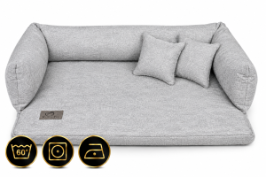 Szara sofa Miracle legowisko Royal Pet z ikonami pielęgnacji.png