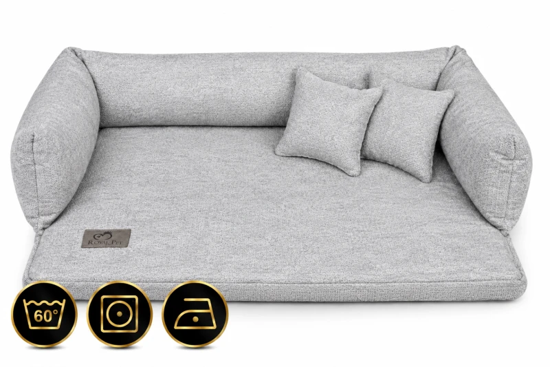 Szara sofa Miracle legowisko Royal Pet z ikonami pielęgnacji.png